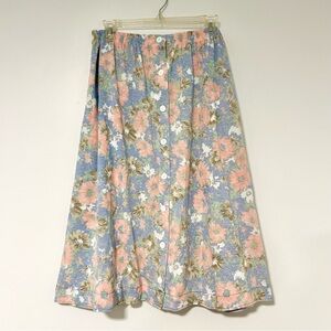 Shenanigans Vintage Floral Button Front Midi Skirt Blue Pink Elastic Waist large